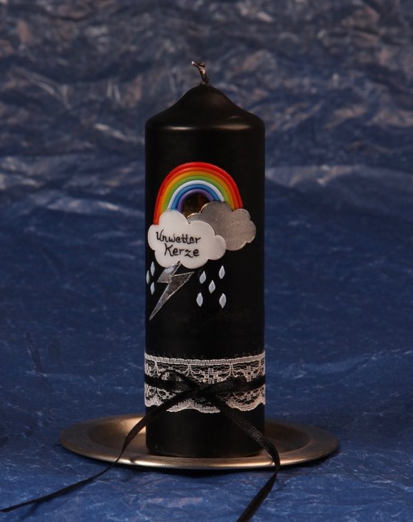Große Schwarze Gewitterkerze Boho Style mit Regenbogen