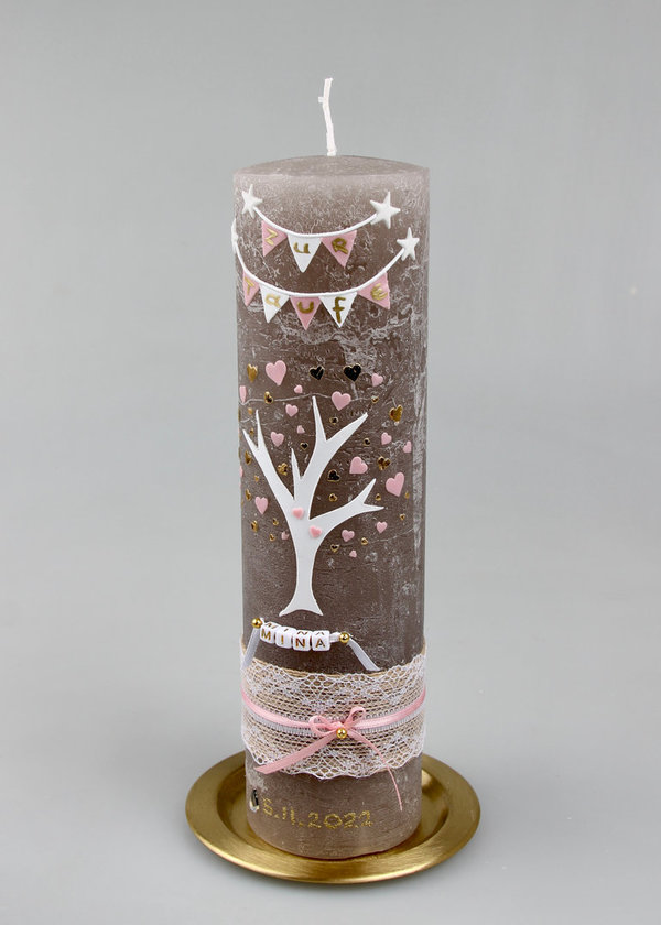 Rustika Kerze zur Taufe mit Herzchen Baum
