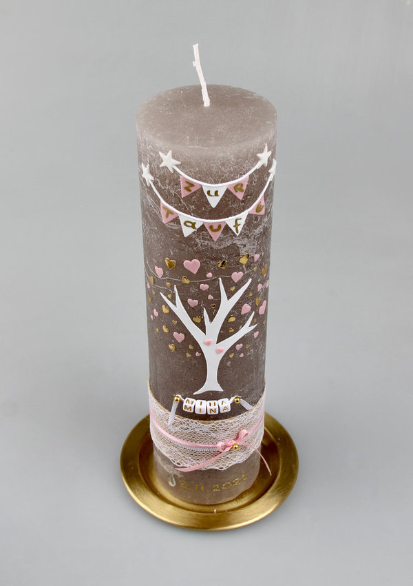 Rustika Kerze zur Taufe mit Herzchen Baum
